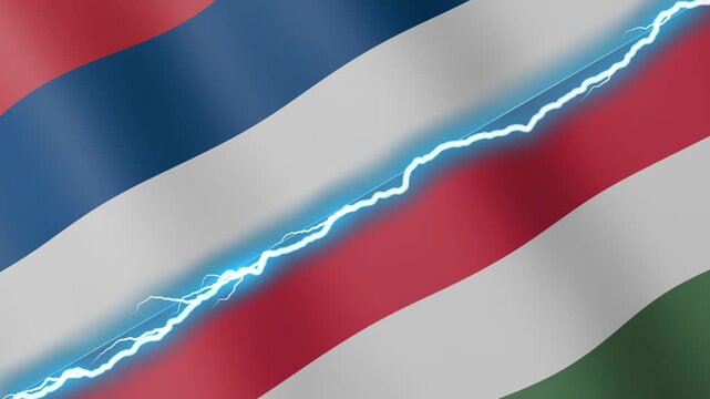 Two waving flags Serbia and Hungary with diagonal lightning seamless, 4k loop