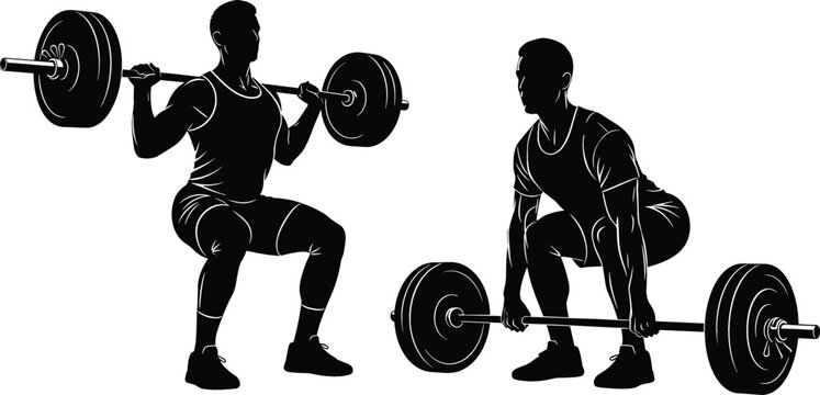 Barbell squat exercise silhouettes with athletes lifting weights, strength training and bodybuilding workout positions, fitness gym vector illustration