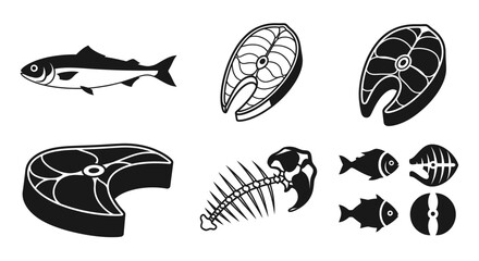 Fototapeta premium Set of fish steak icons and seafood silhouettes for kitchen design or restaurant menu isolated on white background.