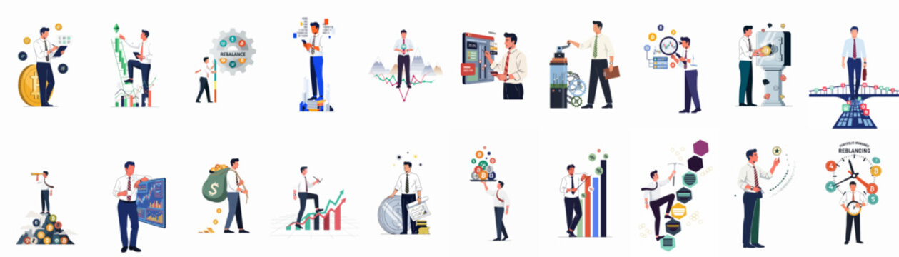Flat Vector Illustration Set of Businessmen Engaged in Cryptocurrency Trading, Financial Portfolio Management, Data Analysis, and Investment Strategies.