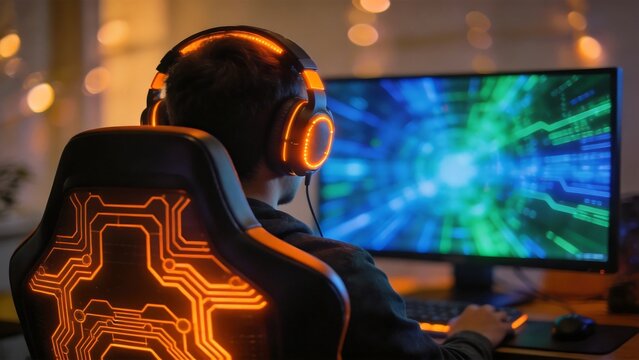 Person wearing glowing headphones using computer