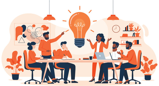 Diverse team brainstorming meeting in vibrant orange and peach tones with modern flat illustration for business and creativity