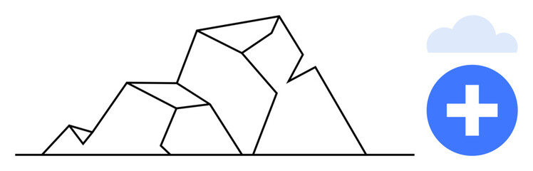 Obraz premium Data storage, cloud services, healthcare solutions, progress tracking, growth, technology. Geometric mountain design and cloud with a plus icon. Cloud services and healthcare solutions concept