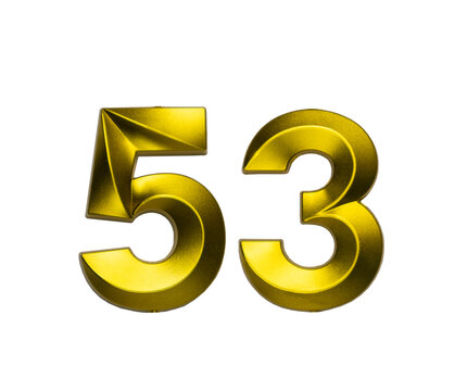 A shiny gold single number fifty-three with a swirling, reflective metallic texture, on a clean white background.