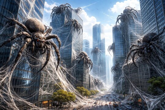 fantasy illustration of a giant spider invasion attacking an office building in the middle of the city