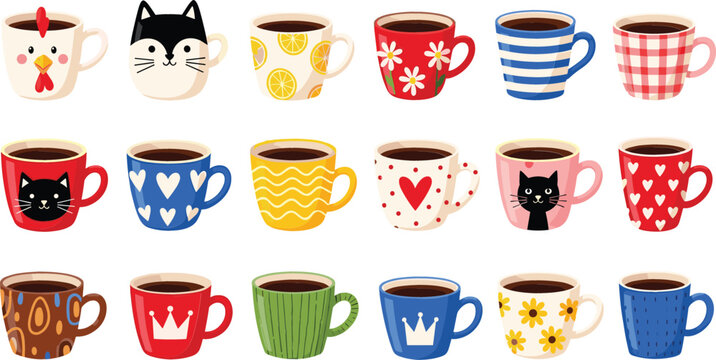 Cute colorful coffee mugs collection with different patterns and cat designs, cozy tea and coffee cup set for kitchen decor, cafe menu, and beverage illustration