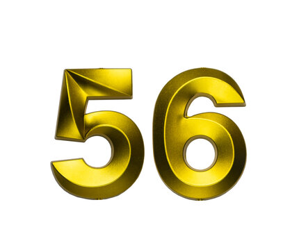 A shiny gold single number fifty-six with a swirling, reflective metallic texture, on a clean white background.