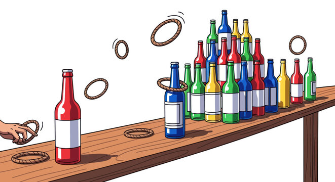 Fun ring toss game with colorful bottles on a wooden table, outdoor carnival activity