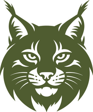 Green bobcat head illustration, simplified, isolated on black in outline style