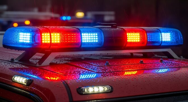 Police car flashing lights emergency response scene.