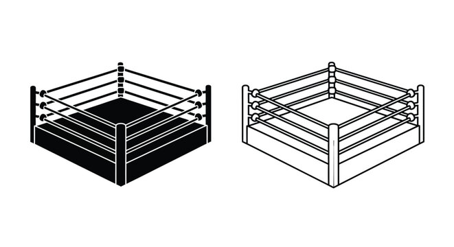 Isometric boxing ring depictions in black and white a stark silhouette