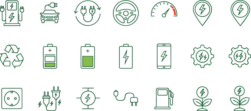 Electric Vehicle and Green Energy Icon Set Featuring Charging Battery Power Plug Renewable Energy and Eco Friendly Transportation Symbols for Sustainable Design