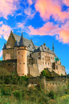 Vianden Castle is perched on a hill above the city of Vianden in northern Luxembourg. It was  built between the 11th and 14th centuries on the foundations of a Roman and Carolingian complex.