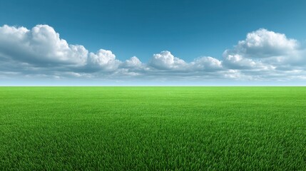 Fototapeta premium Expansive Green Grass Field Under Clear Blue Sky with Fluffy White Clouds on the Horizon for Nature and Outdoor Themed Projects