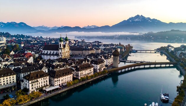 Aerial view of a beautiful city with a river and mountains.