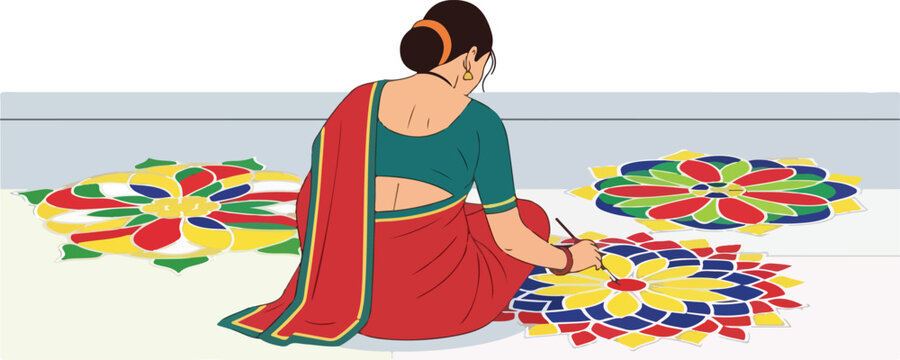 A woman in a red saree sits on the floor, meticulously creating a vibrant, colorful rangoli design with her hands, surrounded by other intricate patterns.