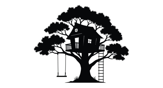 Charming treehouse nestled among lush foliage a striking silhouette