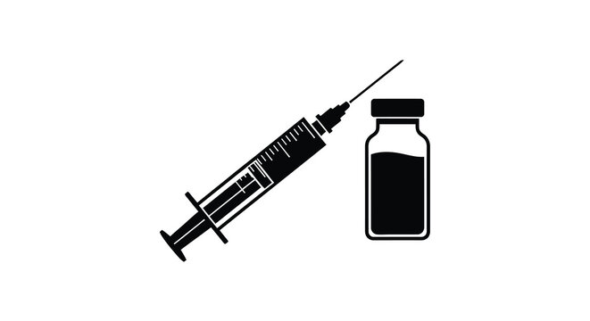 A black syringe and vial depicted in a stark silhouette