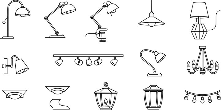 Modern Light Fixtures and Lamps Collection: Desk Lamps, Pendant Lights, Chandeliers, and Outdoor Lighting Illustrations