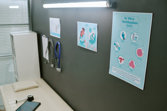 Close up of fertility clinic exam room displaying IVF procedure poster and medical tools, illustrating reproductive healthcare services