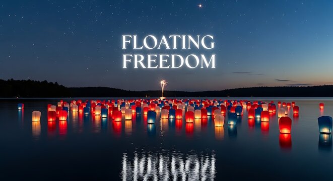 Night scene with a lake filled with illuminated floating lanterns and text