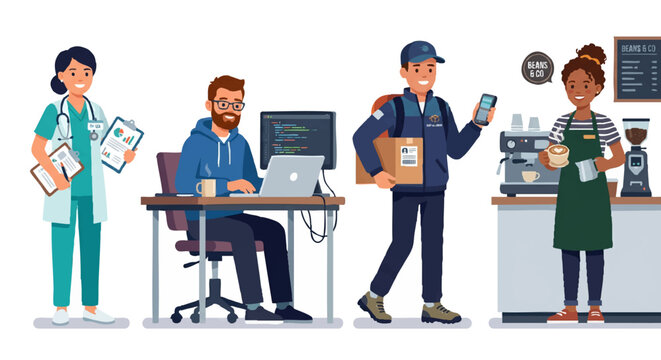 Set of modern professions characters (doctor, programmer, delivery driver, barista),