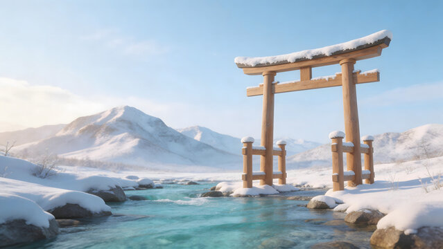 Snow covered torii gate by flowing stream