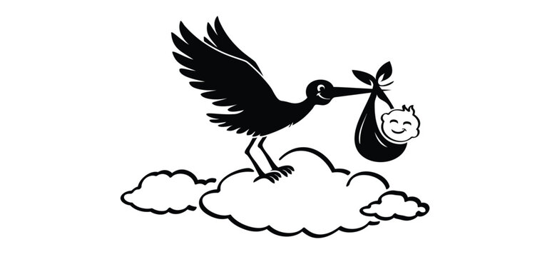 Flying stork brings a baby drawing and cloud. Stork holding a baby basket. Newborn baby girl or boy. cartoon bird. Stork flying in the sky. Stork carrying a baby silhouette. Kids concept. Welcome icon