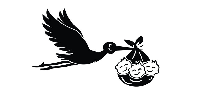 Newborn triplets. Flying stork brings a baby drawing. Stork holding a baby basket. Newborn baby girl or boy. cartoon bird. Stork flying in the sky. Stork carrying a baby silhouette. triplet babies, we