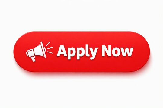 Red button with apply now and megaphone icon for urgent action call