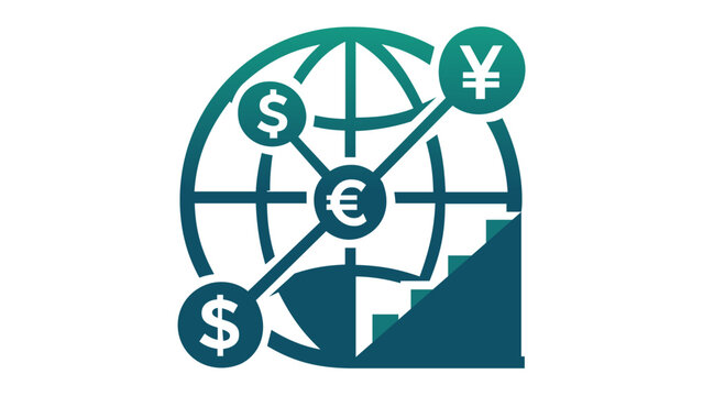 Global corporate banking vector icon illustration featuring a globe with currency symbols for dollar, euro, and yen, plus a rising financial growth bar chart for international trade and success.
