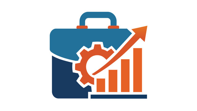Business growth vector icon illustration featuring a blue briefcase, orange gear, bar chart, and upward arrow, symbolizing commercial banking, corporate finance, and professional success.