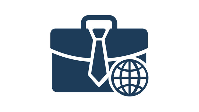 Professional corporate investment and global business vector icon illustration featuring a briefcase, necktie, and globe symbol for international finance, banking, and executive management.