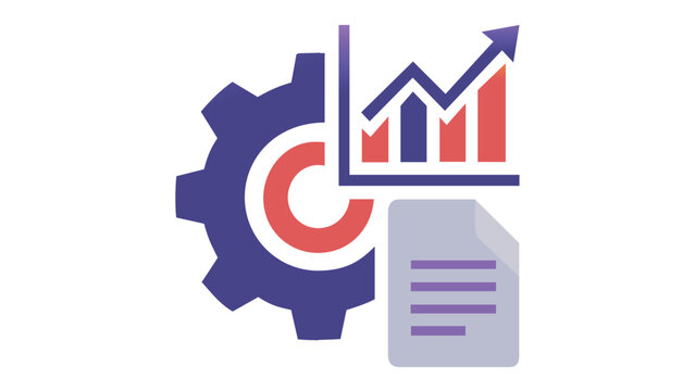 Corporate funding and financial growth vector illustration icon featuring a gear for process optimization, a bar chart with an upward trend arrow for success, and a business report document.