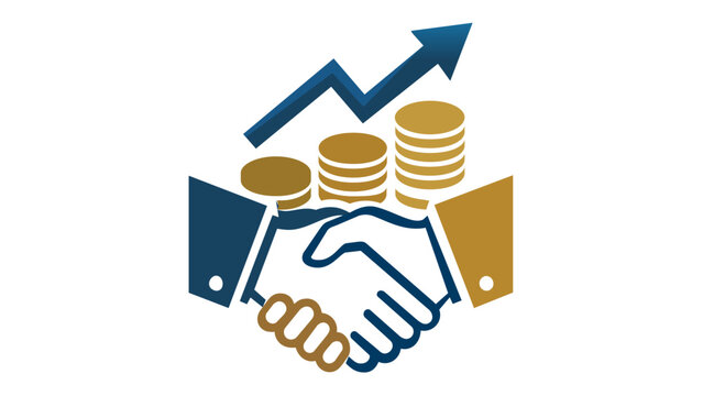 Corporate banking vector icon illustration featuring a handshake with stacks of gold coins and a blue upward growth arrow, symbolizing financial partnership, investment success, and business profit.