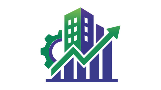 Corporate banking and financial growth vector illustration featuring a modern building icon with a rising arrow, bar chart, and gear symbol for industrial success and business progress.