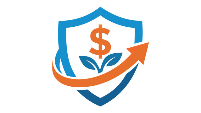 Corporate banking vector illustration featuring a blue shield for financial security, an orange dollar sign for wealth, green leaves for sustainable growth, and an upward arrow for business profit.