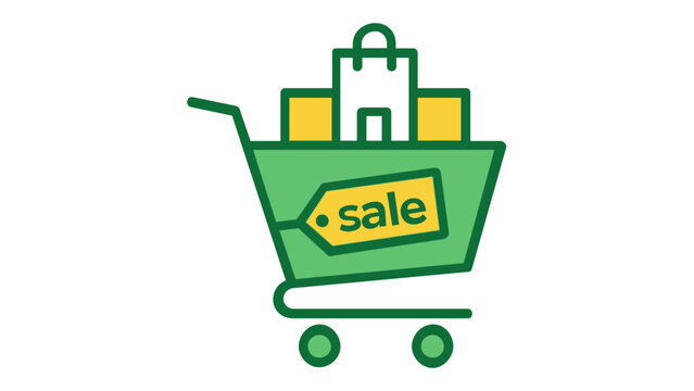 Flat minimalist vector icon illustration of a green shopping cart overflowing with a shopping bag and packages, featuring a prominent yellow sale tag, ideal for e-commerce, retail, and business.