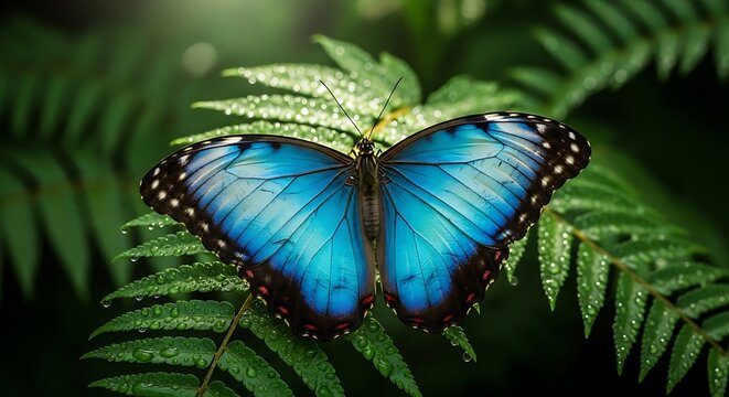 A beautiful blue morpho butterfly with colorful wings rests on a green leaf in a macro nature shot of this lepidoptera insect