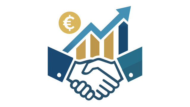 Professional corporate investment banking vector illustration featuring a handshake for partnership, an upward growth bar chart, and a Euro currency symbol for financial success and business.