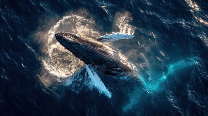 Fototapeta premium Humpback whale breaching dramatically out of deep blue ocean surface seen from aerial view with water spray and foam. AI generated image