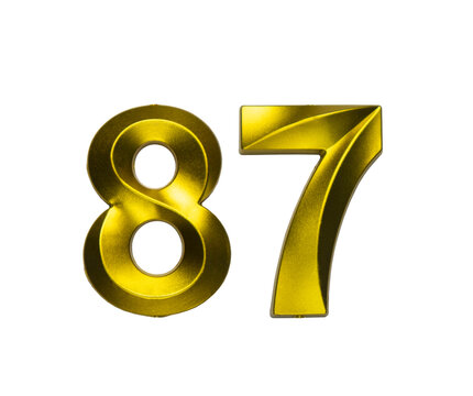 A shiny gold single number eighty-seven with a swirling, reflective metallic texture, on a clean white background.