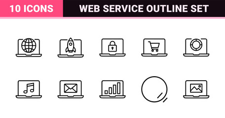 Fototapeta premium Minimalist laptop computer technology and web service outline icon set