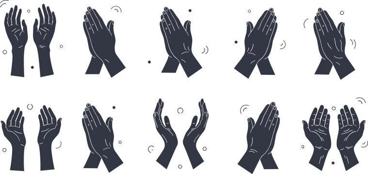 Hand clapping gestures set with different applause positions, human hands silhouettes for celebration, appreciation and performance feedback vector illustration