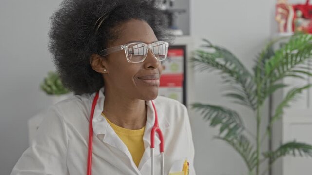Woman doctor smiling, wearing white coat, glasses and red stethoscope in a clinic building office with plants and binder visible; compassion trust.