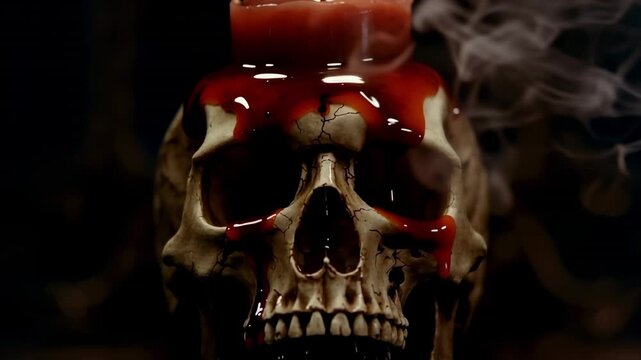 Burning candle on a human skull. Melting red wax dripping down bones in dark room. Spooky atmosphere for Halloween holiday and occult ritual decor elements.