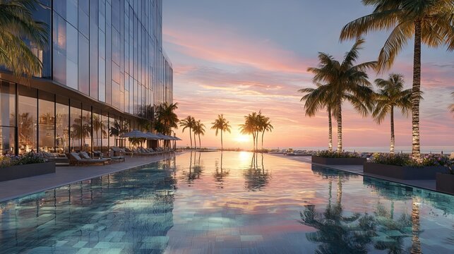 Luxurious modern beachfront hotel exterior at sunset with palm trees and golden reflections on calm water below. AI generated image