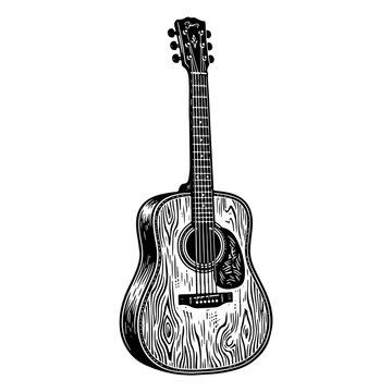 A black and white woodcut style vector illustration of an acoustic guitar with intricate wood grain pattern on its body, isolated on white background.