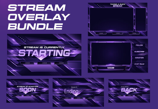 Purple Twitch Stream Overlay Bundle with Starting, Offline, Break, Back and Ending Screens, Webcam Frame and Alert Panels for Gaming Streamers