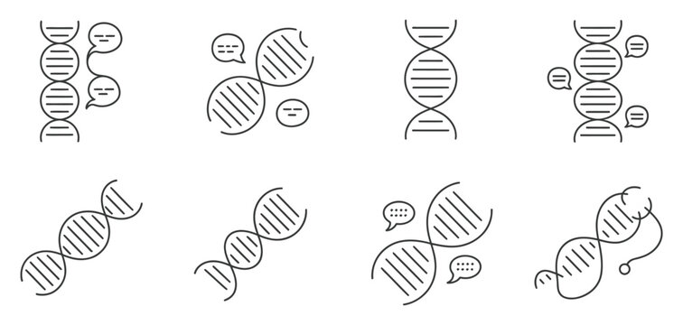 DNA helix with speech bubbles and molecular structure symbols, vector illustration for genetics communication concept